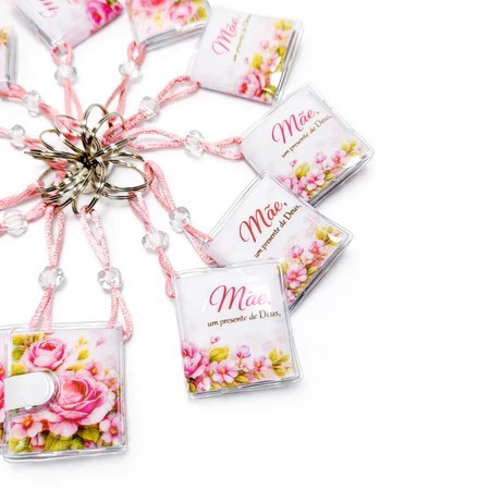 Chaveiro Evangélico Bíblia Mamãe Flores Rosas com Pérolas Kit 12 Peças