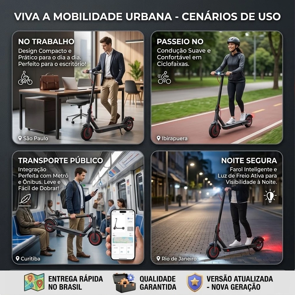 Quatro cenários de uso do patinete elétrico Auxom Pro: no trabalho, em passeio, no transporte público e para mobilidade noturna segura com farol.