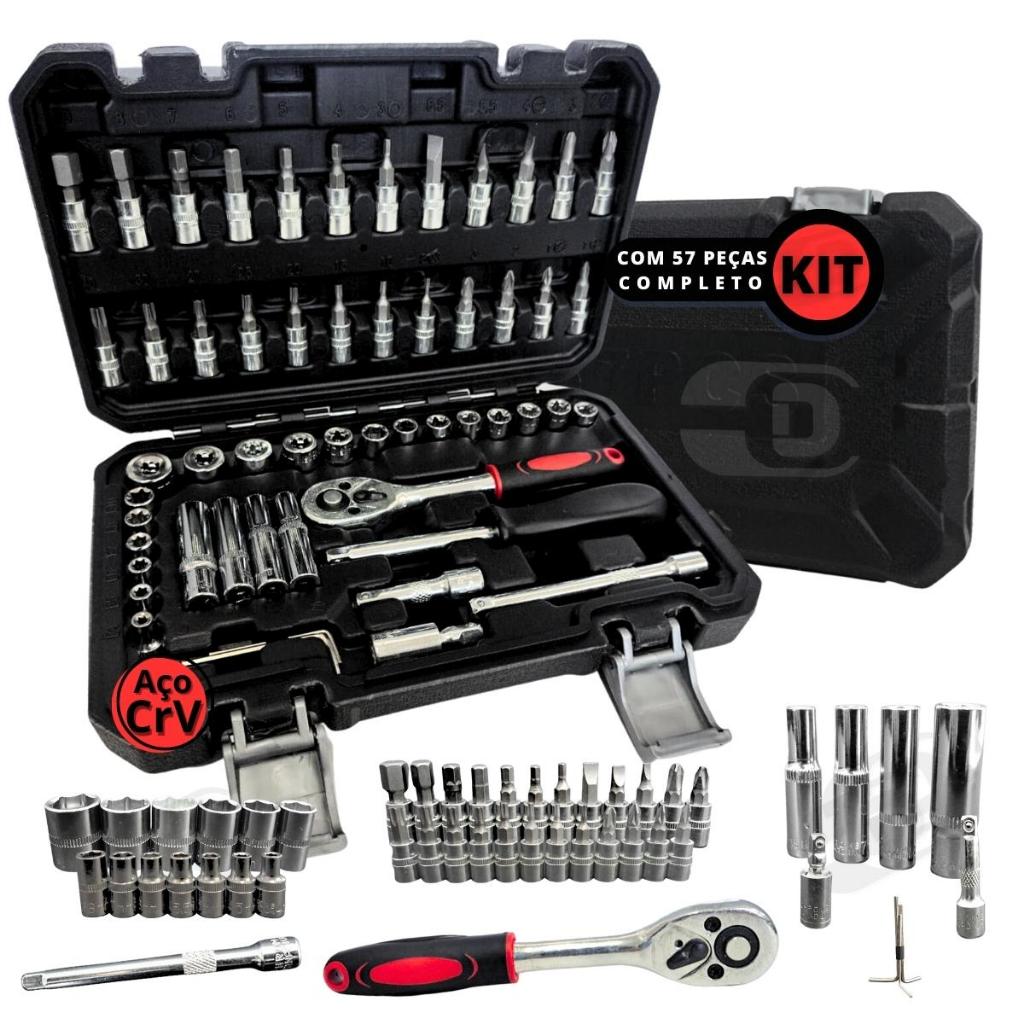 Jogo de Soquete Kit 57 Peças 1/4 Catraca Ferramentas e Maleta