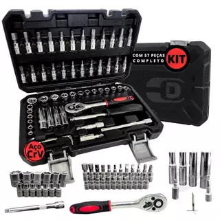 Jogo de Soquete Kit 57 Peças 1/4 Catraca Ferramentas e Maleta Reversível Aço Crv