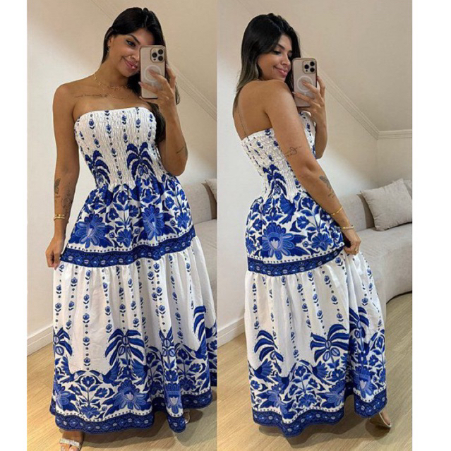 Vestido Longo Feminino Estampado Tomara que Caia Lastex Soltinho Verão Moda Praia W28-LT