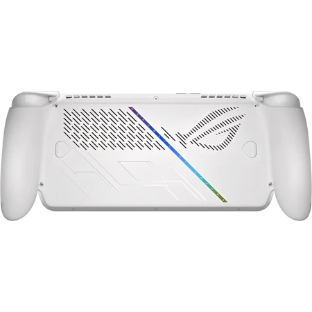 Vista traseira do Asus ROG Ally branco, exibindo as aberturas de ventilação e o design ergonômico