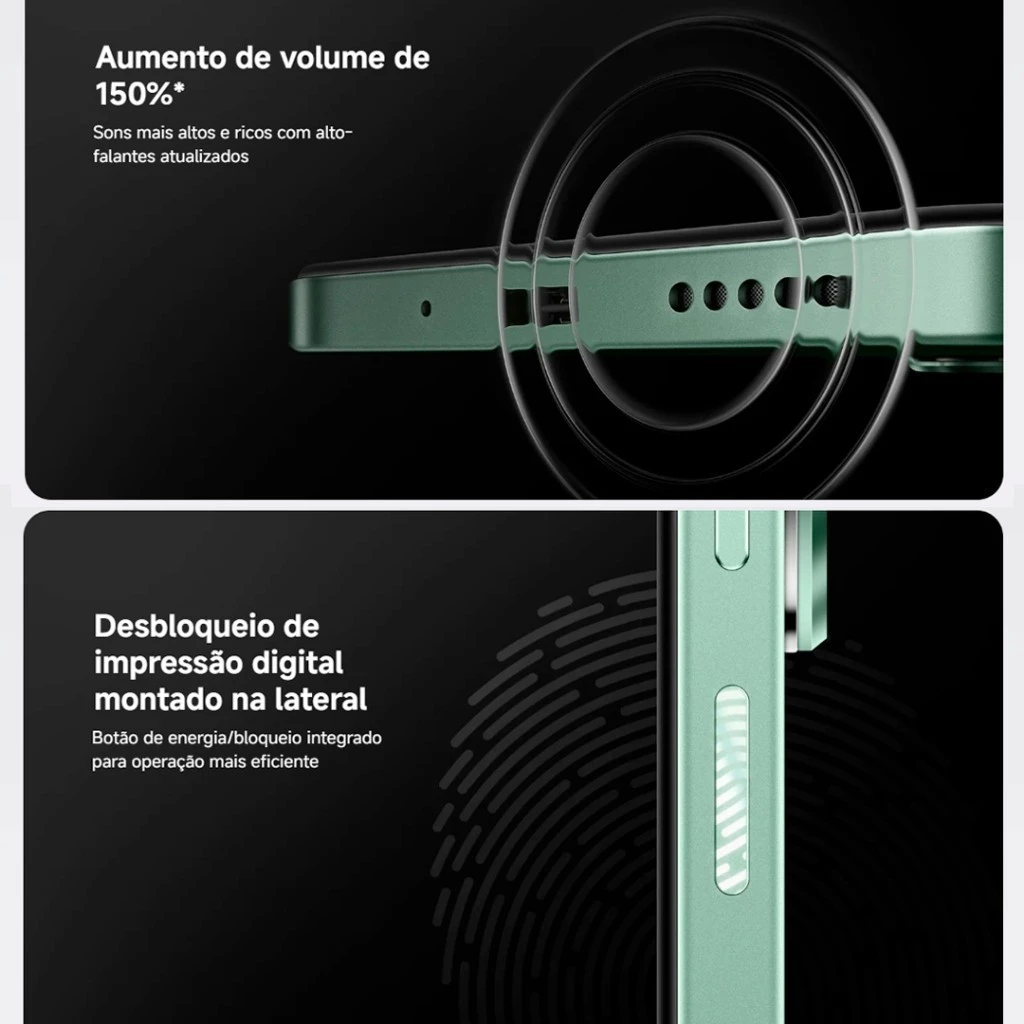 Detalhe dos alto-falantes e do botão lateral com leitor de impressão digital do Poco C75