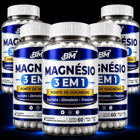 Kit 5 Magnésio 3 em 1 Cápsulas Treonato Dimalato Quelato Suplemento Magnésio 60caps