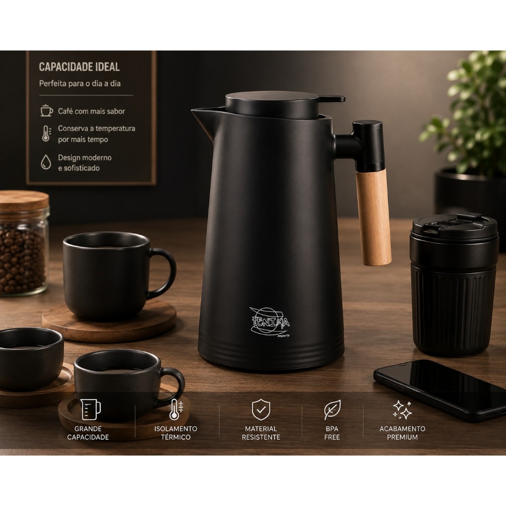 Garrafa Térmica Nórdica 1L para Café e Chá com Cabo de Madei