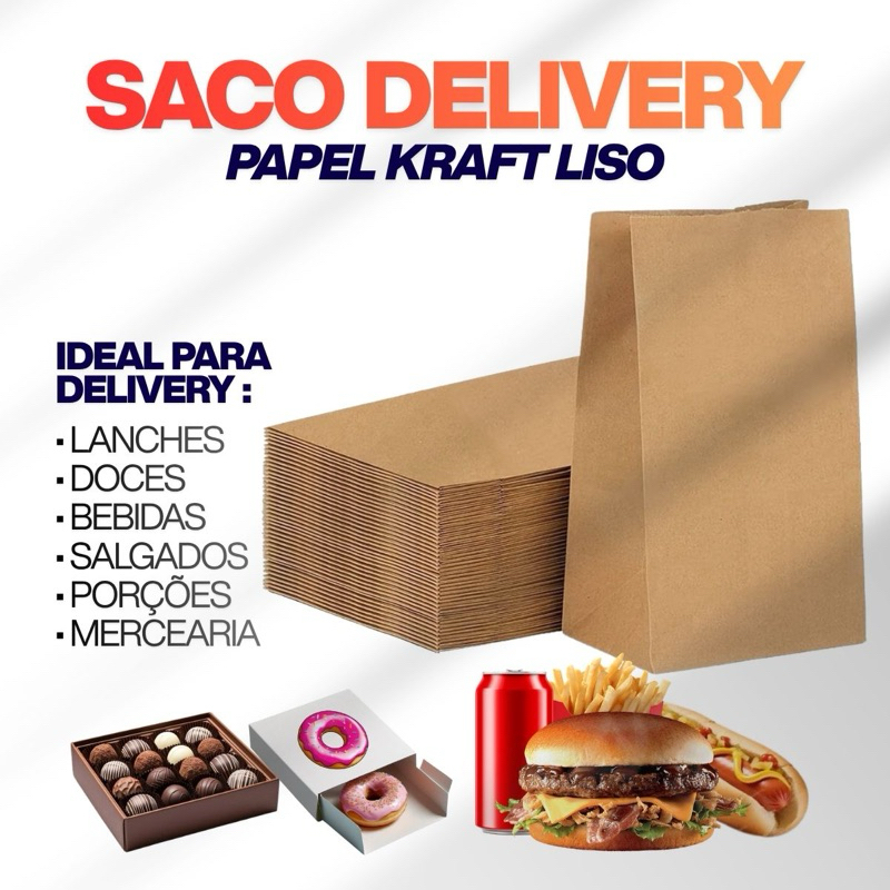 KIT 500uni Saco de lanche kraft Liso sos 18x30x10