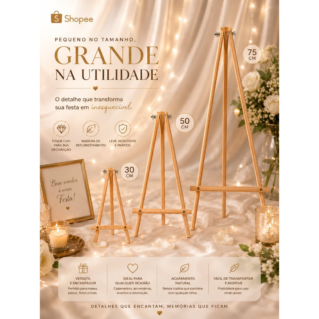 Kit Cavalete Madeira 30cm 50cm 75cm Decoração Festa Casament
