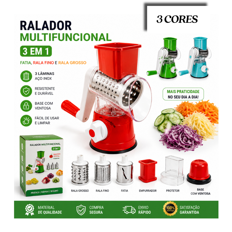 Ralador Multifuncional 3 em 1 Manual com Ventosa Fatiador e 