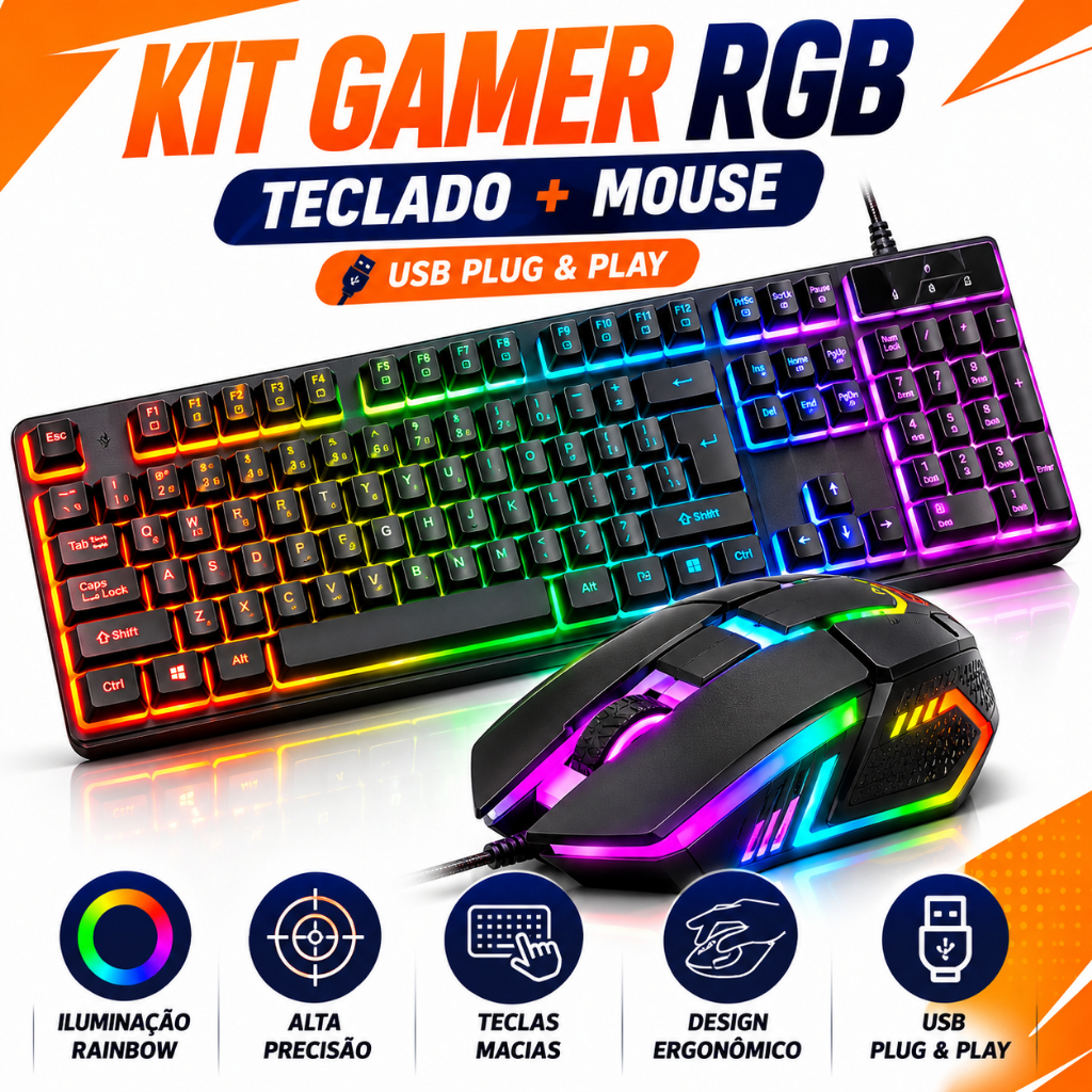 Kit Gamer RGB Teclado Semi Mecânico + Mouse Gamer LED USB PC Notebook ...