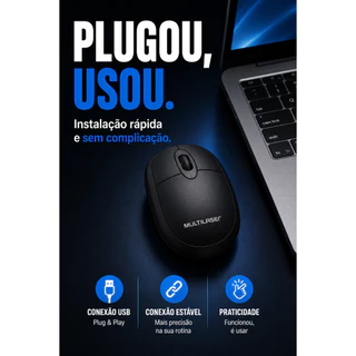 Mouse Multilaser USB com Fio Óptico Preto MO300 PC Notebook