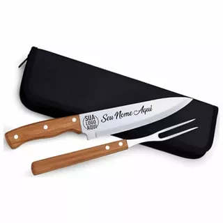 Kit de Faca Garfo Estojo Churrasco Personalizável Nome Time Logo Empresa