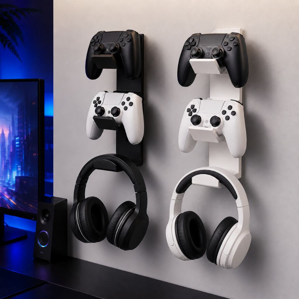 Suporte Controle Gamer Parede Para 2 Controles E Headset Fone Preto Branco