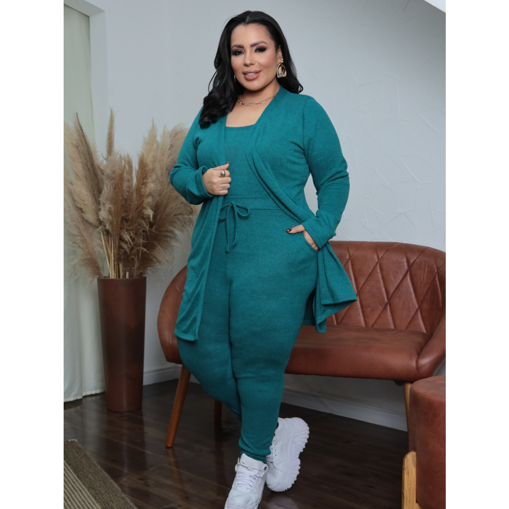Conjunto Trio Lanzinha Plus Size Feminino Inverno Cardigan, Regata