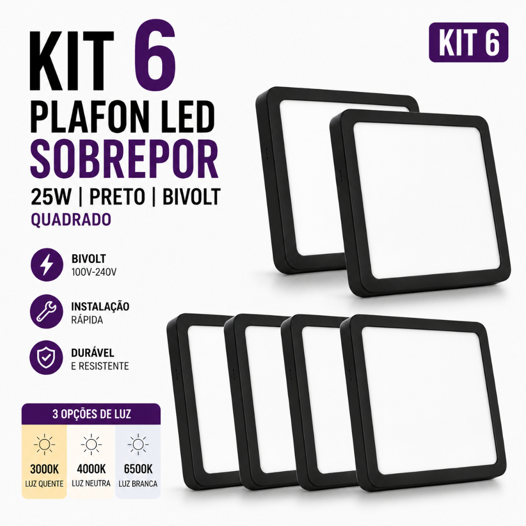 Kit 6 Plafon LED 25W Sobrepor Quadrado Preto Bivolt | Shopee Brasil