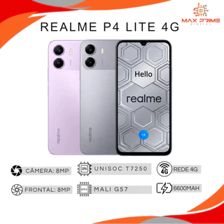 Realme P4 Lite 4G, 128/256GB e 4GB RAM, Versão Global, Processador Unisoc T7250, Bateria 6600mAh, Resistência IP64