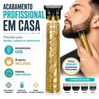 Máquina de Cortar Cabelo e Barba Profissional Recarregável USB Dragão 4 Pentes Lâmina de Aço - CHAI