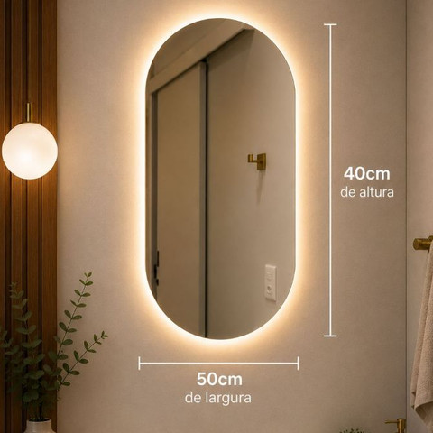 Espelho Oval com LED Moderno Luz Quente e Fria para Banheiro e Quarto Decorativo — foto 1 — Achou Levou Brasil