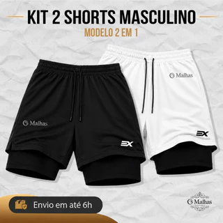 Kit 2 Shorts Masculino Dry Fit 2 em 1 com Compressão e Bolso Interno Bermuda Academia Treino Corrida