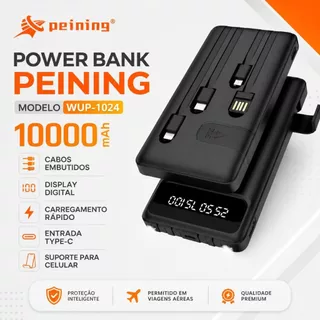 Power Bank 10000mAh WUP-1024 Com Cabos Integrados Display Digital Carregamento Fast Suporte Celular