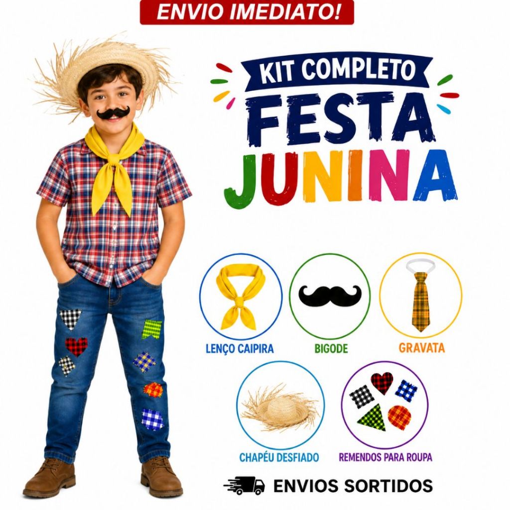 Kit Look Fantasia Roupa Junina Caipira Completo Festa Quadrilha Menino ...