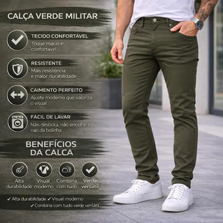 Calca Masculina Sarja Premium Elastano Confortável Algodão Elegante Moderna Casual Alta Qualidade Homem Varias Cores
