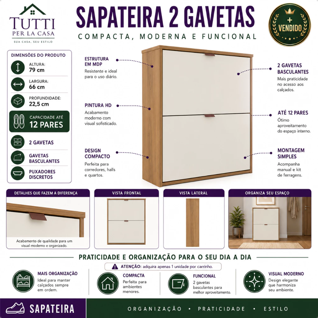Sapateira com Portas Basculantes Vertical Armário para Quarto Sapato Sala Tênis Hall Entrada - Imagem 3