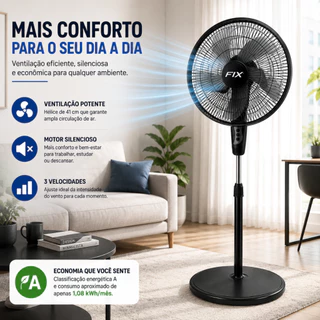 Ventilador de Coluna Pedestal 120cm 45W Oscilante 3 Velocidades Silencioso Preto Residencial Escritório