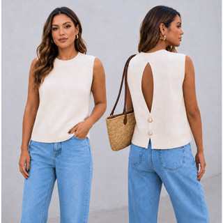 Blusa Feminino Estilosa Tricot com Abertura nas Costas e Botões de ...