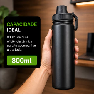 Garrafa De Água Termica 800ml Café Inox Copo Frio E Quente Preto Grande Vacuo Parede Dupla