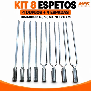Kit 8 Espetos Alumínio Para Churrasqueira 4 Duplos 4 Espadas 40 a 80cm Churrasco Carne Linguiça