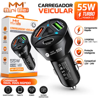 Carregador Veicular Turbo 55W 3 Portas USB + Tipo C PD QC 3.0 Carregamento Rápido 12V 24V