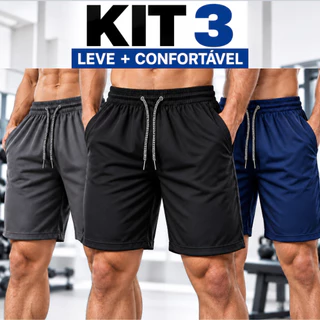 Bermuda Masculina Academia Kit 3 Corrida Elástico Confortável Praia Esportivo Azul Preto Cinza Treino