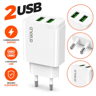 Fonte USB A'Gold 2 Entradas USB 3.1A Bivolt para Celular e Tablet