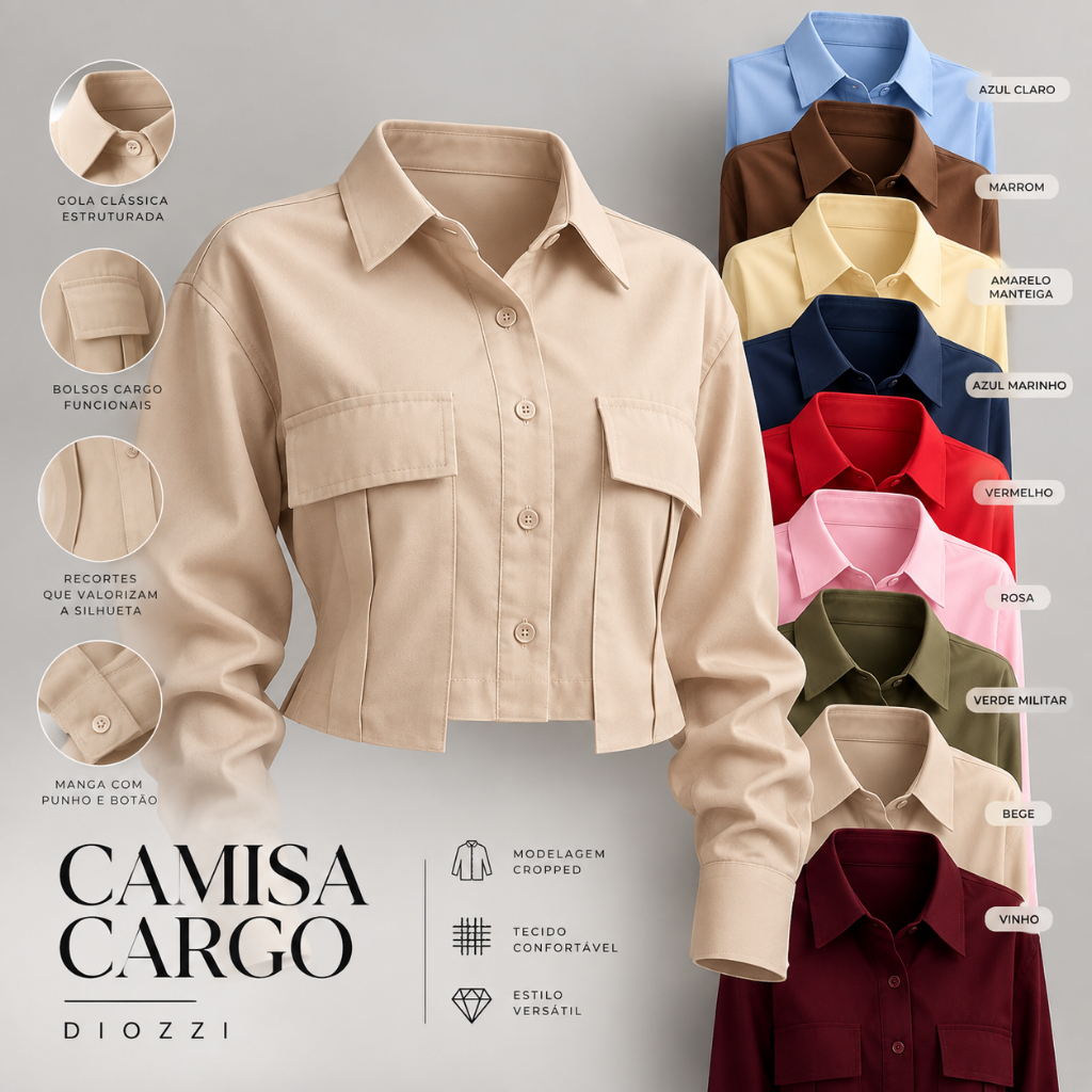 Camisa Cropped Manga Longa Com Botões Bolsos Cargo Casual | Shopee Brasil