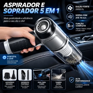 Aspirador e Soprador Portátil 5 em 1 - Alta Potência e Multifuncional para Limpeza Completa