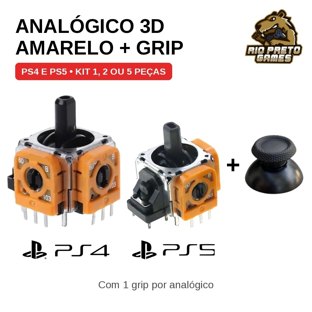 Analógico 3D Original Amarelo PS4 e PS5 – 10K ou 2.3K Ohms + Capa Grip ...