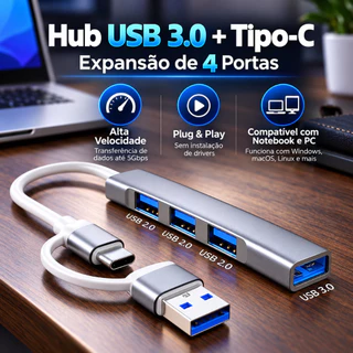 Hub USB-C / USB com 4 Portas USB 3.0 – Alta Velocidade e Design Premium
