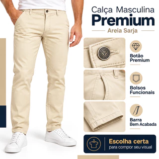 Calça Sarja Masculina Premium Elastano Confortável Slim Fit Algodão Elegante Moderna Casual Social Qualidade Top