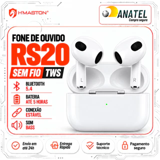 Fone de Ouvido Bluetooth TWS Sem FIo Som Grave HD V5.4 Microfone Integrado e Bateria de Longa Duração H'Maston RS20