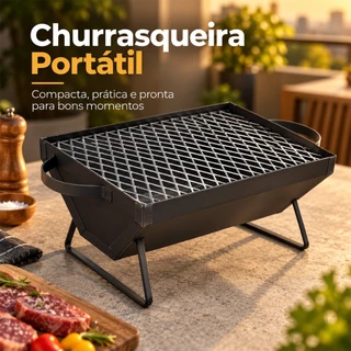 Churrasqueira Portátil a Carvão Meia Bafinho Ferro Compacta de Mesa com Grelha e Alças Camping Sítio
