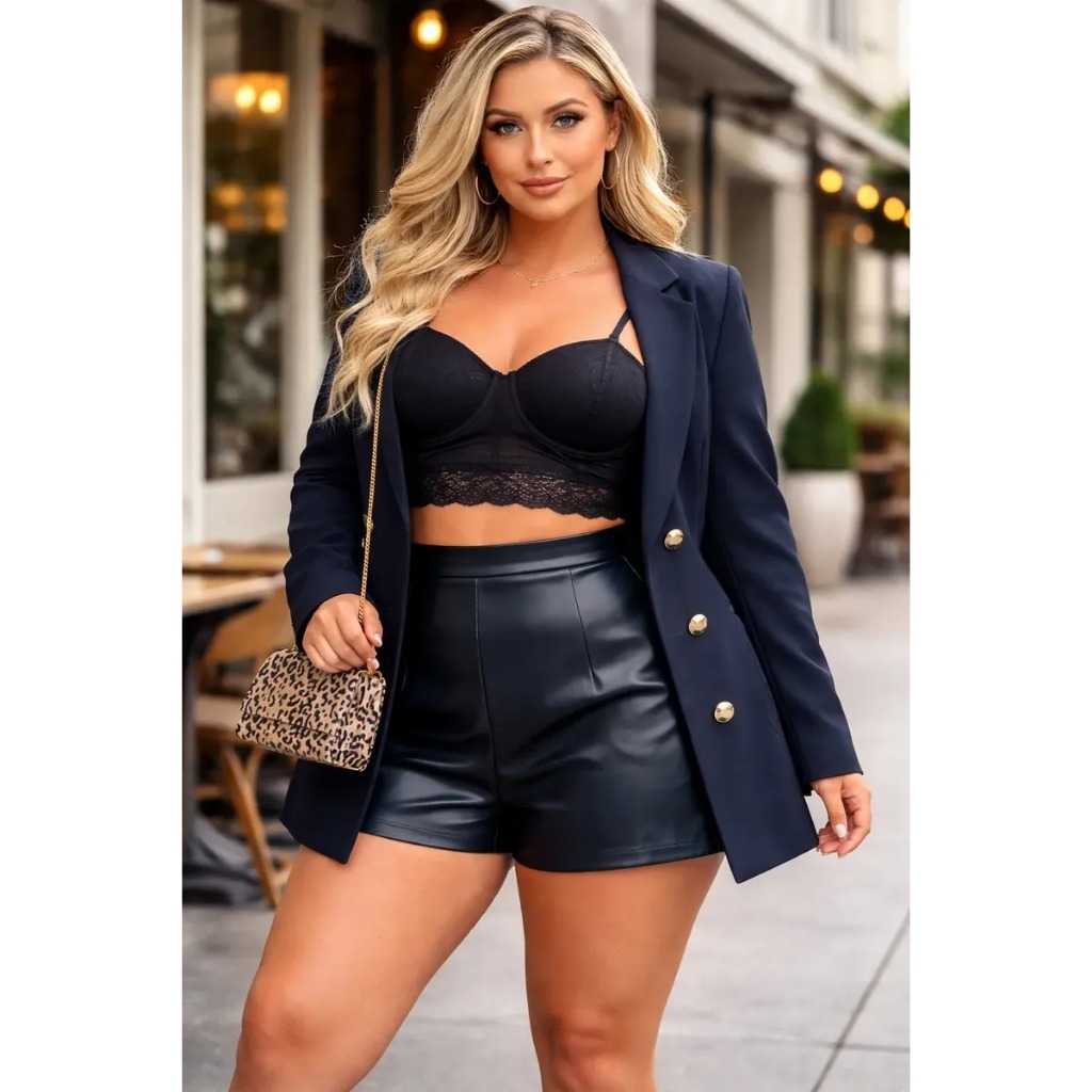 Conjunto Short Couro Plus Size+ Cropped Renda + Blazer Botão