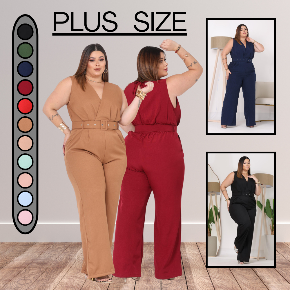 Macacão Feminino Plus Size com cinto Elegante alfaitaria Luis Twill