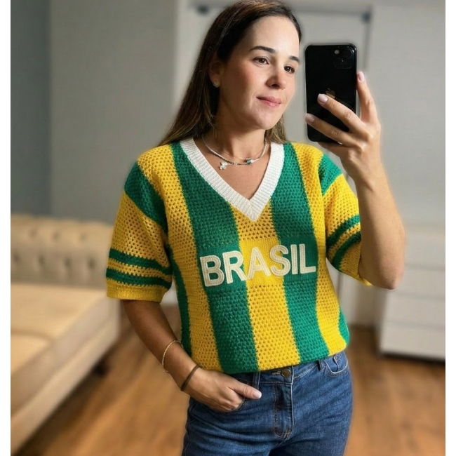 T-Shirt Brasil Tricot Gola V Blusa Camisa Copa do Mundo Listras Verticais em Oferta na Shopee