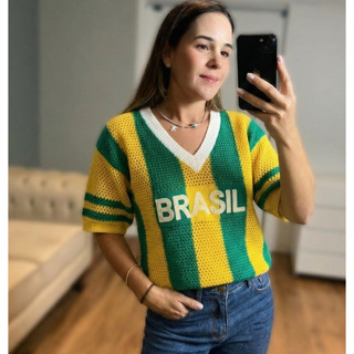 T-Shirt Brasil Tricot Gola V Blusa Camisa Copa do Mundo Listras Verticais em Oferta na Shopee