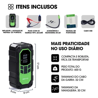 Auxiliar de Partida 8000mAh Inflador de Ar 150PSI Bivolt Luz LED Emergências SMART AIR8000 NEVVO
