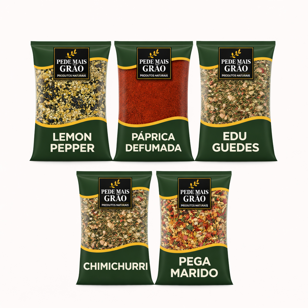 Combo 5 Temperos Premium Lemon Pepper Páprica Defumada Edu Guedes Chimichurri e Pega Marido Pede Mais Grão