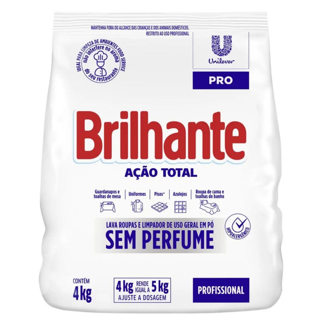 SABÃO EM PÓ BRILHANTE 4KG SEM PERFUME HIPOALERGÊNICO | Shopee Brasil