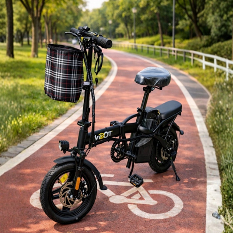 Bicicleta Elétrica Aro 14 Dobrável Farol LED Cesto Freios Duplos Velocidade 25km/h Suporta 140kg Corrente Anti-Furto