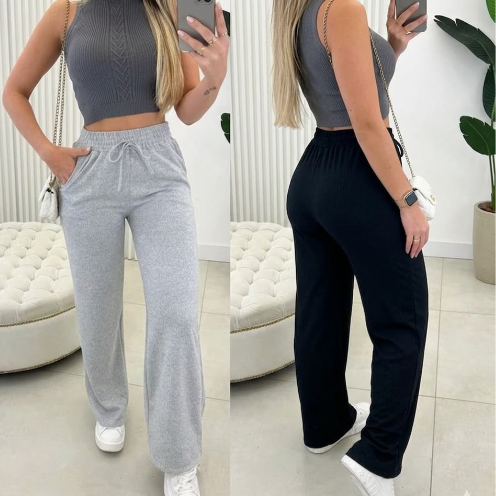 Calça Pantalona Lanzinha Feminina Cintura Alta com Bolso | Shopee