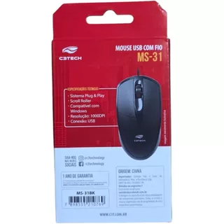 C3Tech Mouse USB Preto MS-31BK Ambidestro 1000DPI Compatível MacOS, Linux, Chrome OS, Windows, PC e Mac